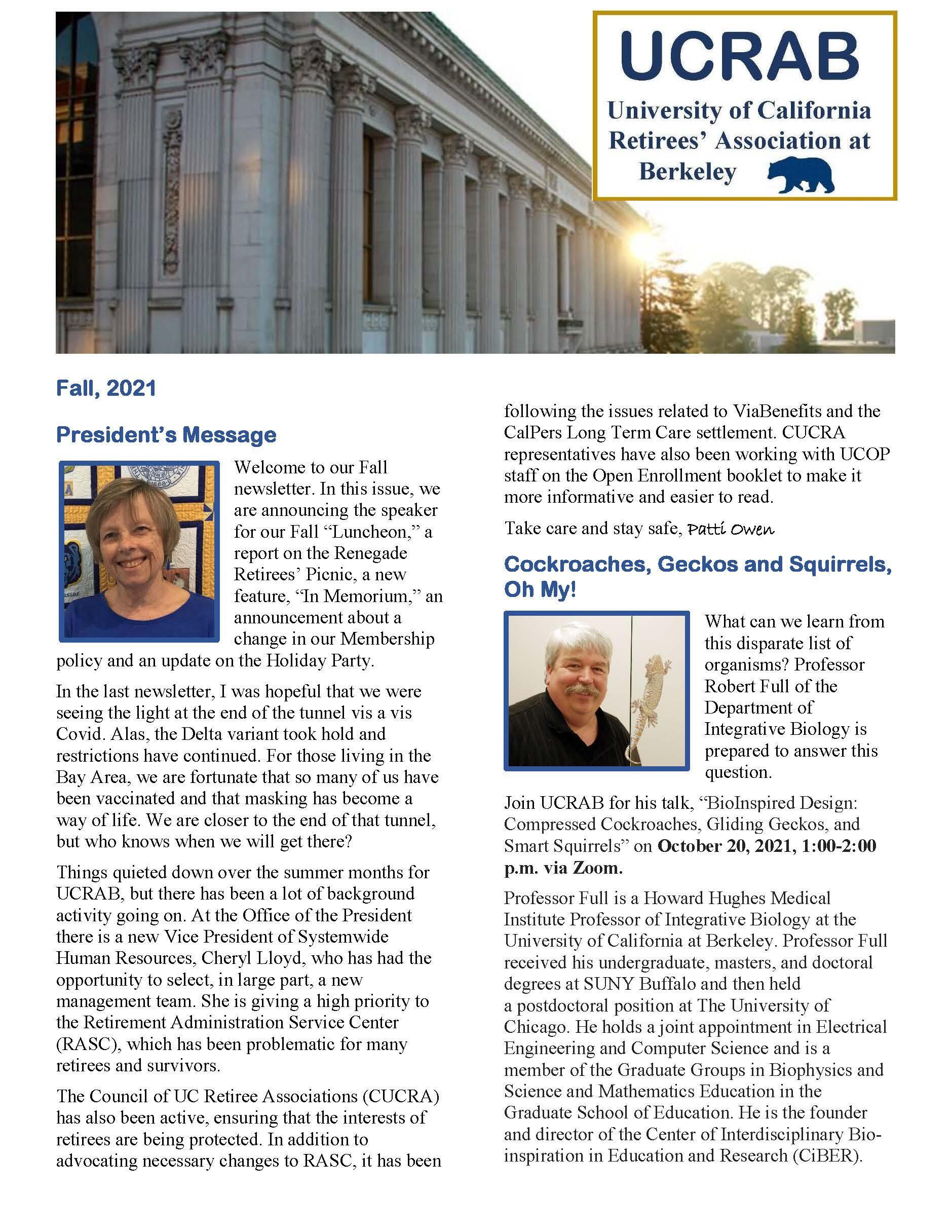 UCRAB Fall 2021 Newsletter front page