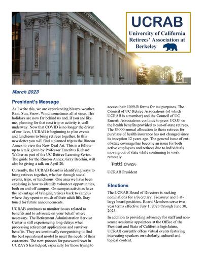 Page one of UCRAB Spring 2023 newsletter